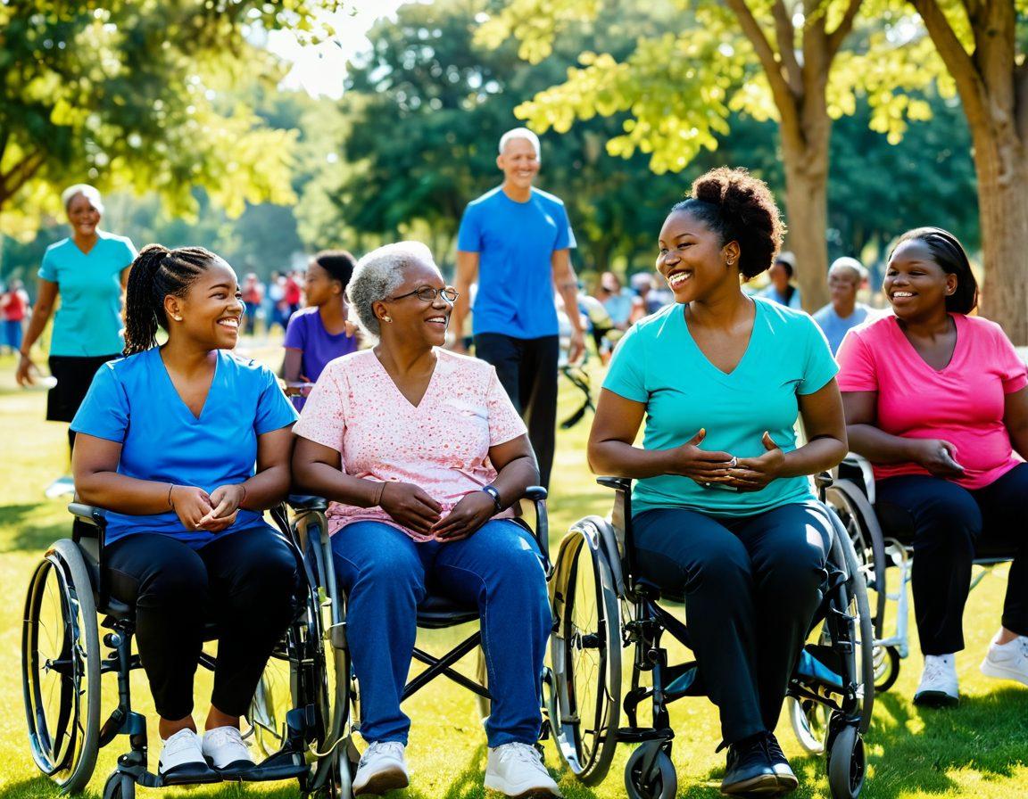 A diverse group of people engaging in various community health services, showcasing activities like exercise, nutrition workshops, and health screenings outdoors in a vibrant park. Include elements of accessibility such as wheelchairs, and children playing, emphasizing inclusivity and budget-friendly resources. Bright sunlight, cheerful expressions, and healthy food displays create a warm atmosphere. super-realistic. vibrant colors. community setting.