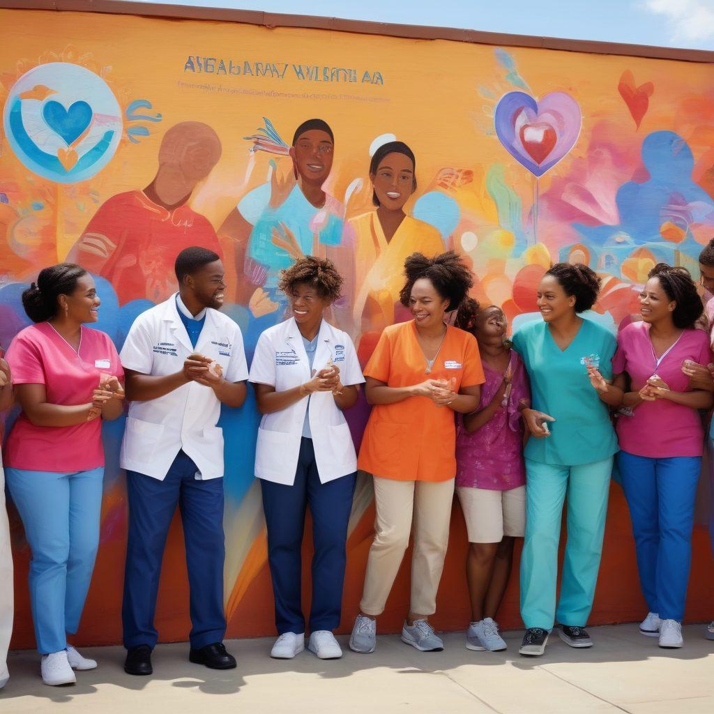 A vibrant community scene showcasing a diverse group of individuals receiving care at a charitable health clinic, featuring healthcare professionals engaging warmly with patients. Lively colors symbolize hope and empowerment, with a backdrop of colorful murals representing community spirit. Include symbols of health and wellness like heartbeats, medical icons, and caring hands. super-realistic. vibrant colors. community-focused.