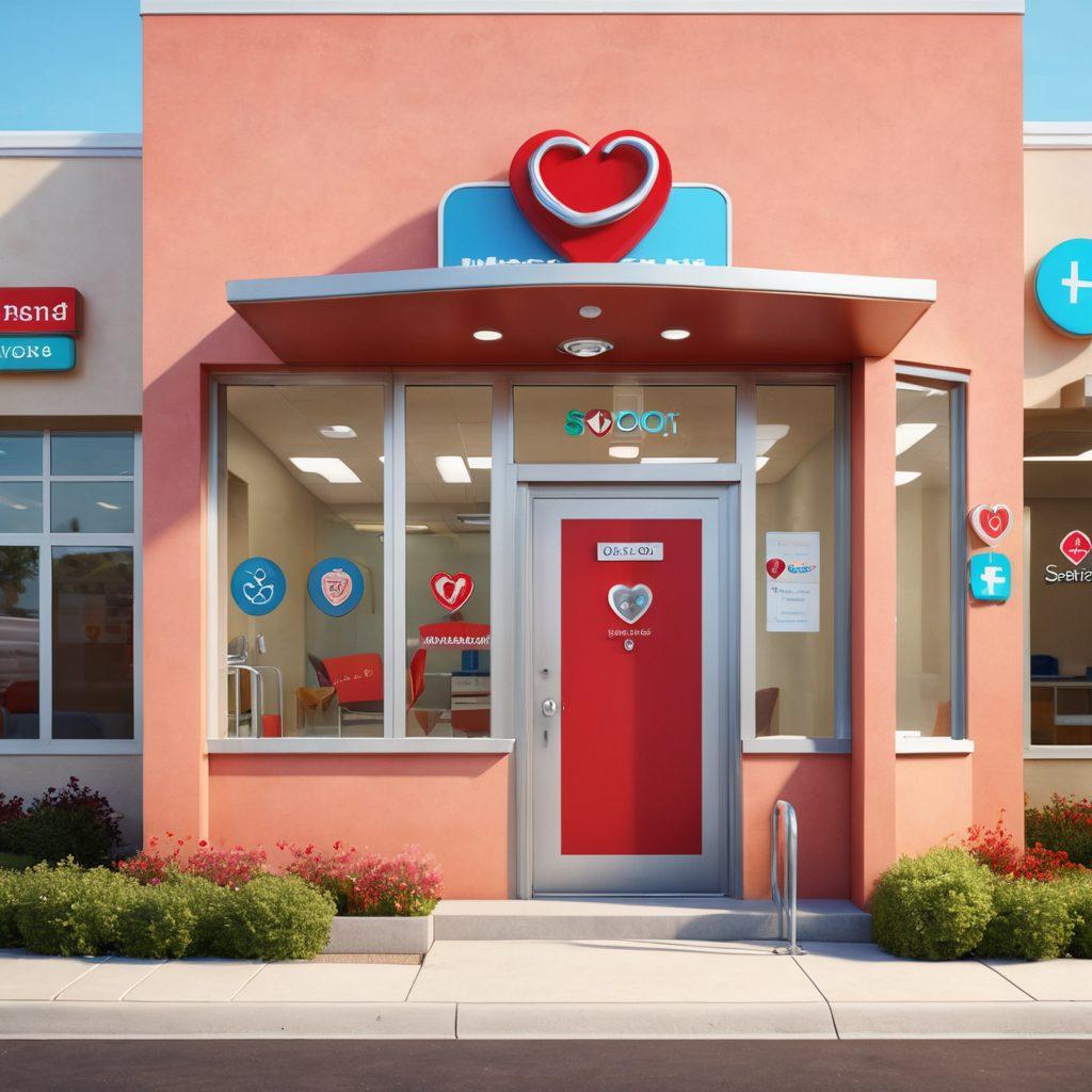 An inviting community clinic exterior with a warm entrance, showcasing diverse patients smiling and interacting with friendly healthcare workers. Include symbols of health like stethoscopes and heart icons around the scene. Bright, accessible signage to emphasize affordability and community. Soft, cheerful colors to convey a sense of hope and support. super-realistic. vibrant colors. 3D.